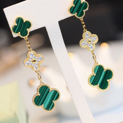 [LUXORA]CLOVER EARRINGS GOLD MALACHITE DIAMOND 3 MOTIF