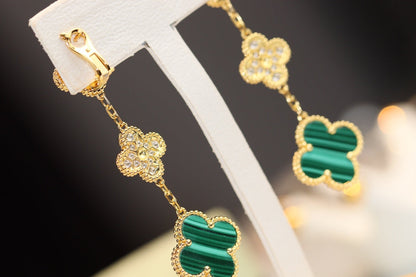 [LUXORA]CLOVER EARRINGS GOLD MALACHITE DIAMOND 3 MOTIF