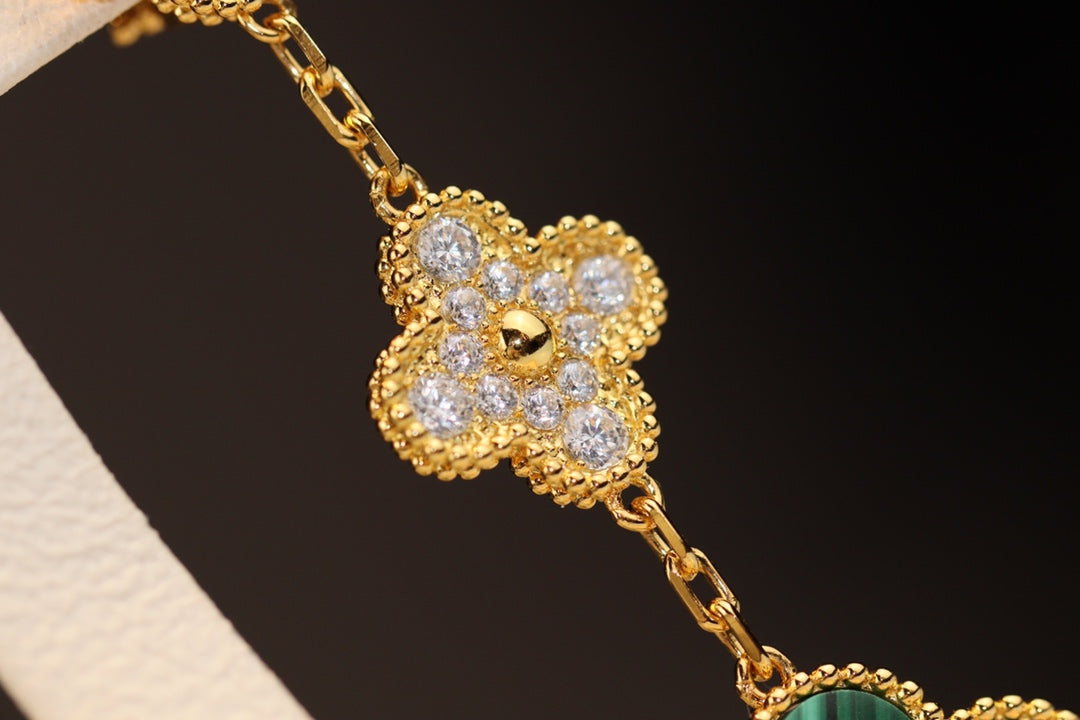 [LUXORA]CLOVER EARRINGS GOLD MALACHITE DIAMOND 3 MOTIF