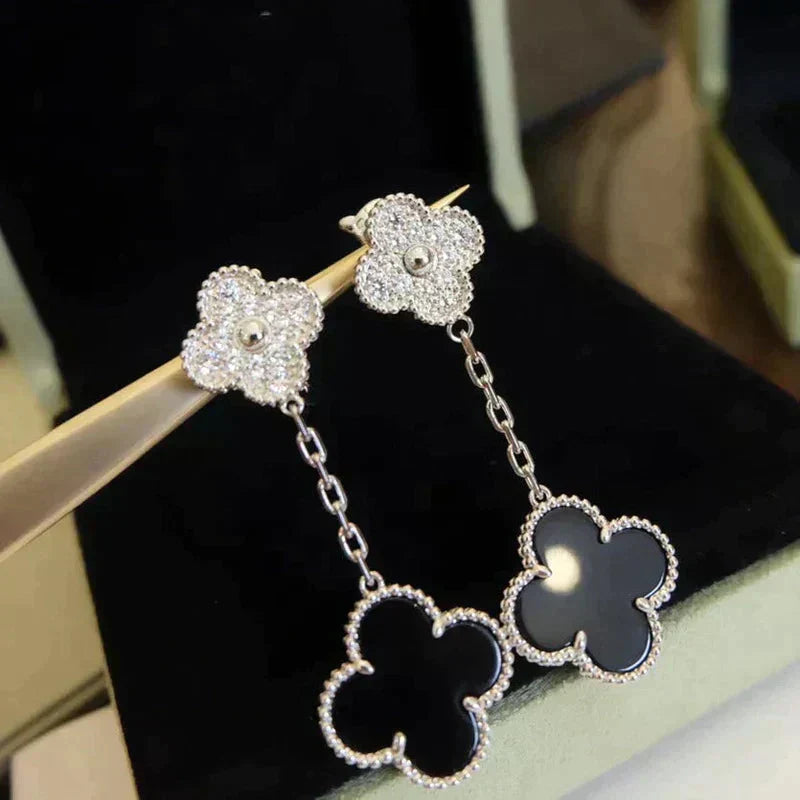 [LUXORA]CLOVER 2 MOTIFS  DIAMOND ONYX EARRINGS SILVER