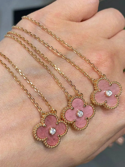 [LUXORA]CLOVER 15MM DIAMOND RHODONITE NECKLACE