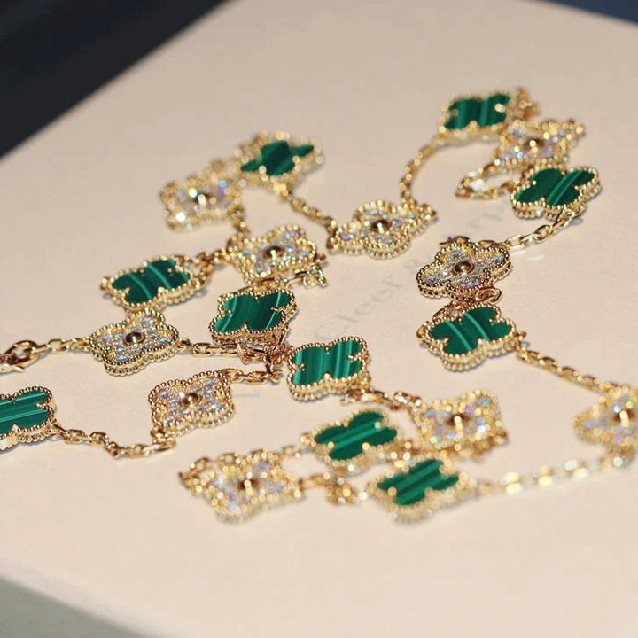 [LUXORA]CLOVER 20 MOTIFS MALACHITE DIAMOND NECKLACE