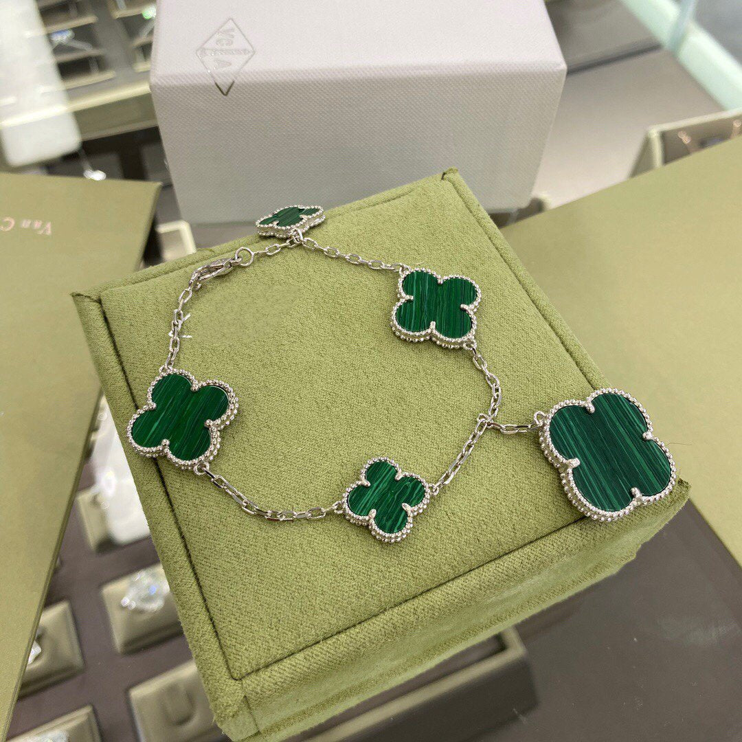 [LUXORA]CLOVER 5 MOTIFS SIVLER MALACHITE BRACELET