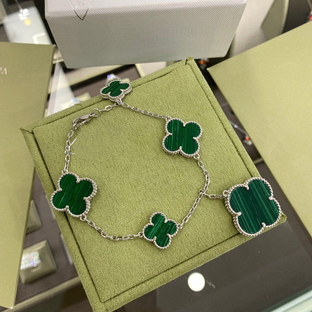 [LUXORA]CLOVER 5 MOTIFS SIVLER MALACHITE BRACELET