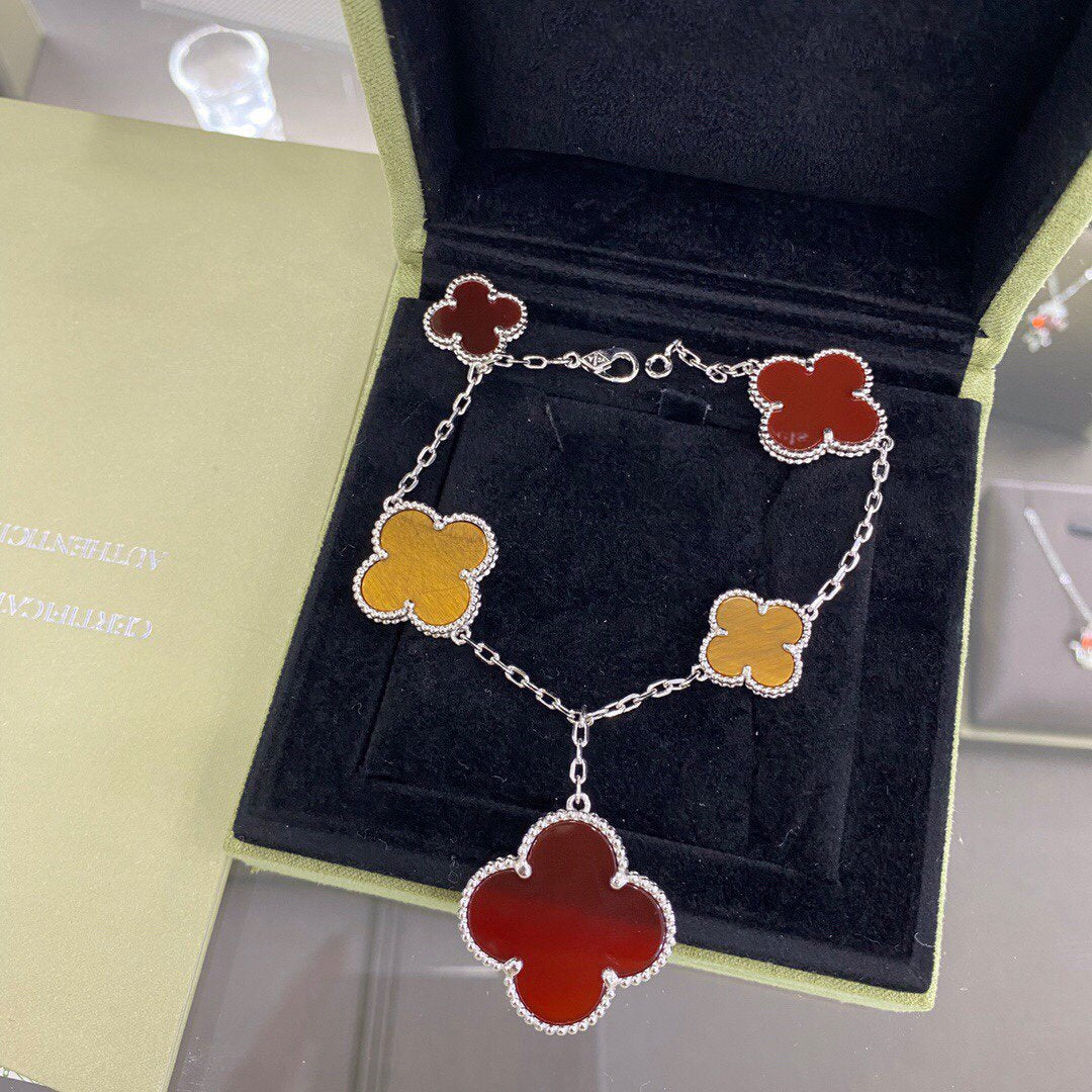 [LUXORA]CLOVER 5 MOTIFS SIVLER CARNELIAN TIGER EYE BRACELET