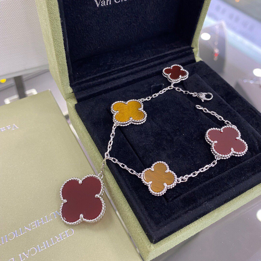 [LUXORA]CLOVER 5 MOTIFS SIVLER CARNELIAN TIGER EYE BRACELET