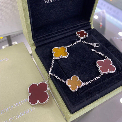 [LUXORA]CLOVER 5 MOTIFS SIVLER CARNELIAN TIGER EYE BRACELET