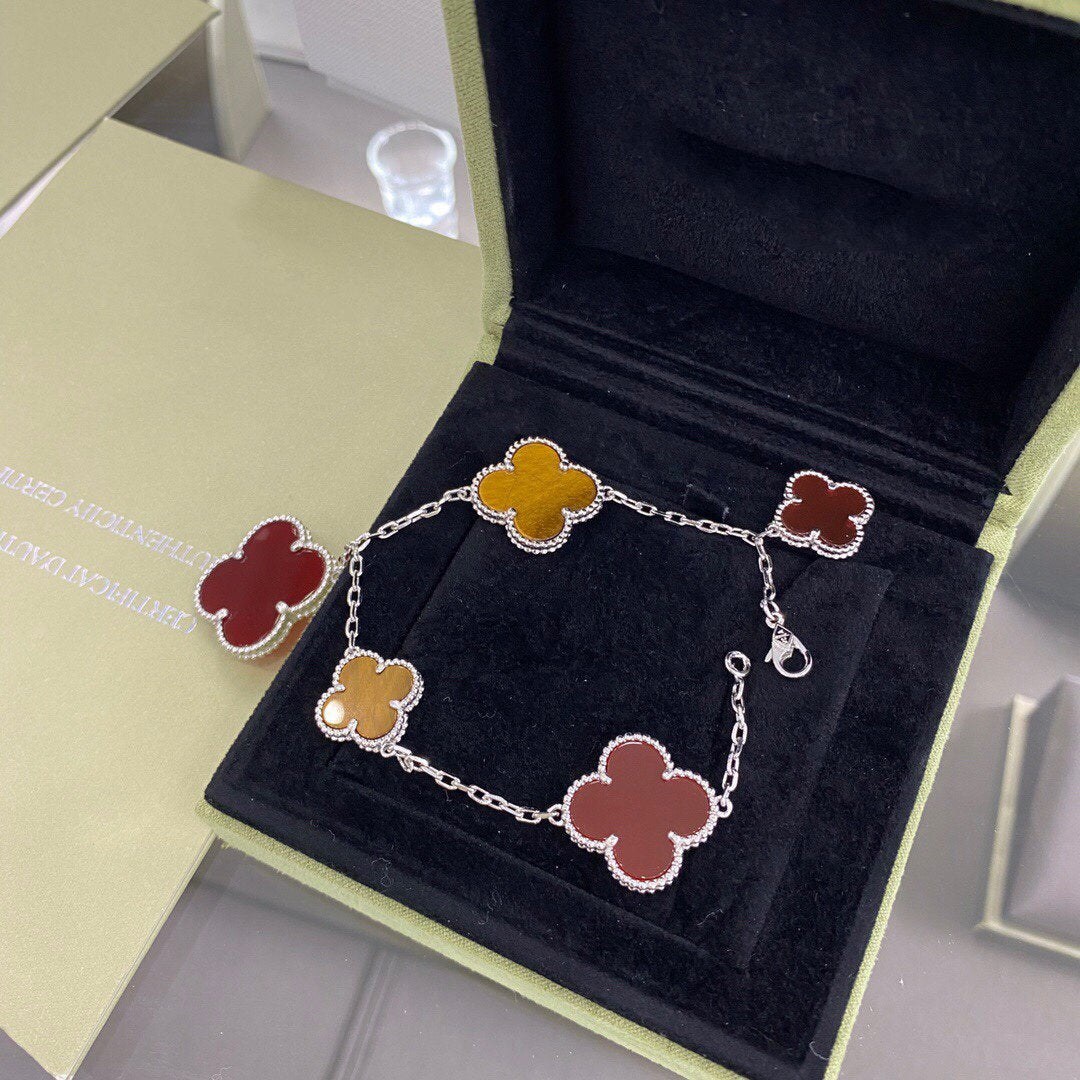 [LUXORA]CLOVER 5 MOTIFS SIVLER CARNELIAN TIGER EYE BRACELET