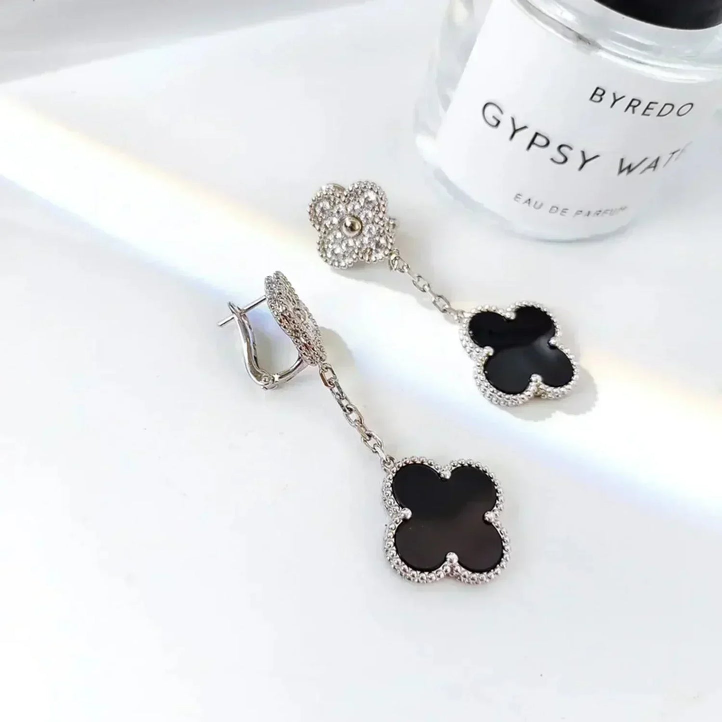 [LUXORA]CLOVER 2 MOTIFS  DIAMOND ONYX EARRINGS SILVER