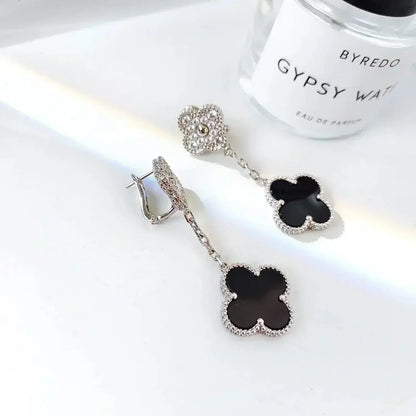 [LUXORA]CLOVER 2 MOTIFS  DIAMOND ONYX EARRINGS SILVER
