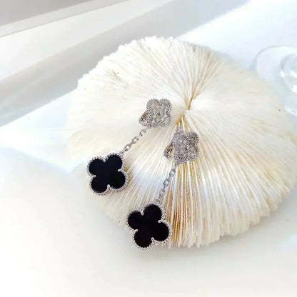 [LUXORA]CLOVER 2 MOTIFS  DIAMOND ONYX EARRINGS SILVER