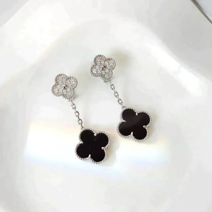 [LUXORA]CLOVER 2 MOTIFS  DIAMOND ONYX EARRINGS SILVER