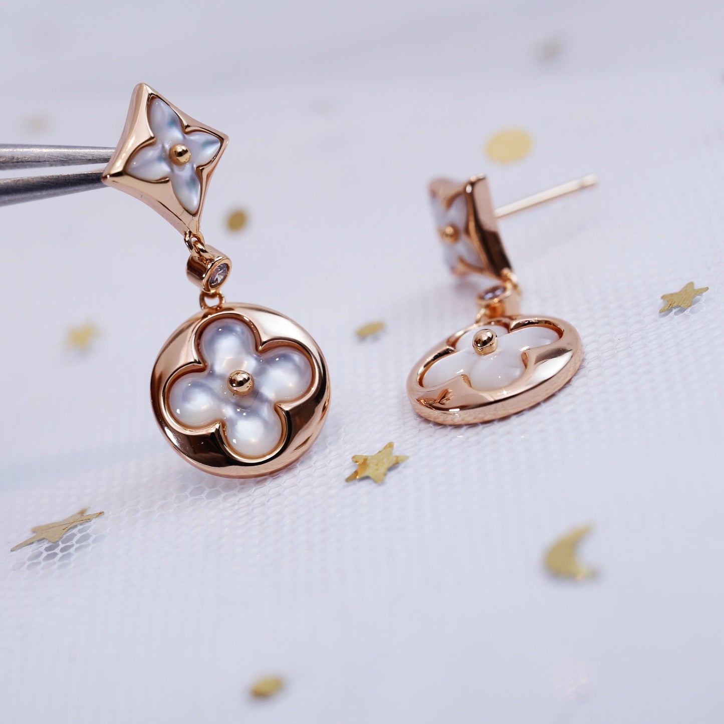 [LUXORA]STAR AND SUN PINK GOLD MOP DROP EARRINGS