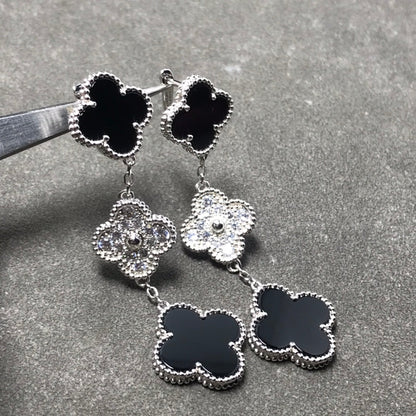 [LUXORA]CLOVER 3 MOTIF DIAMOND ONYX SILVER EARRINGS