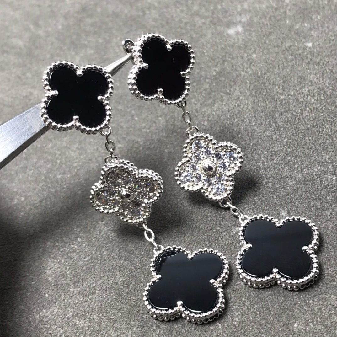 [LUXORA]CLOVER 3 MOTIF DIAMOND ONYX SILVER EARRINGS