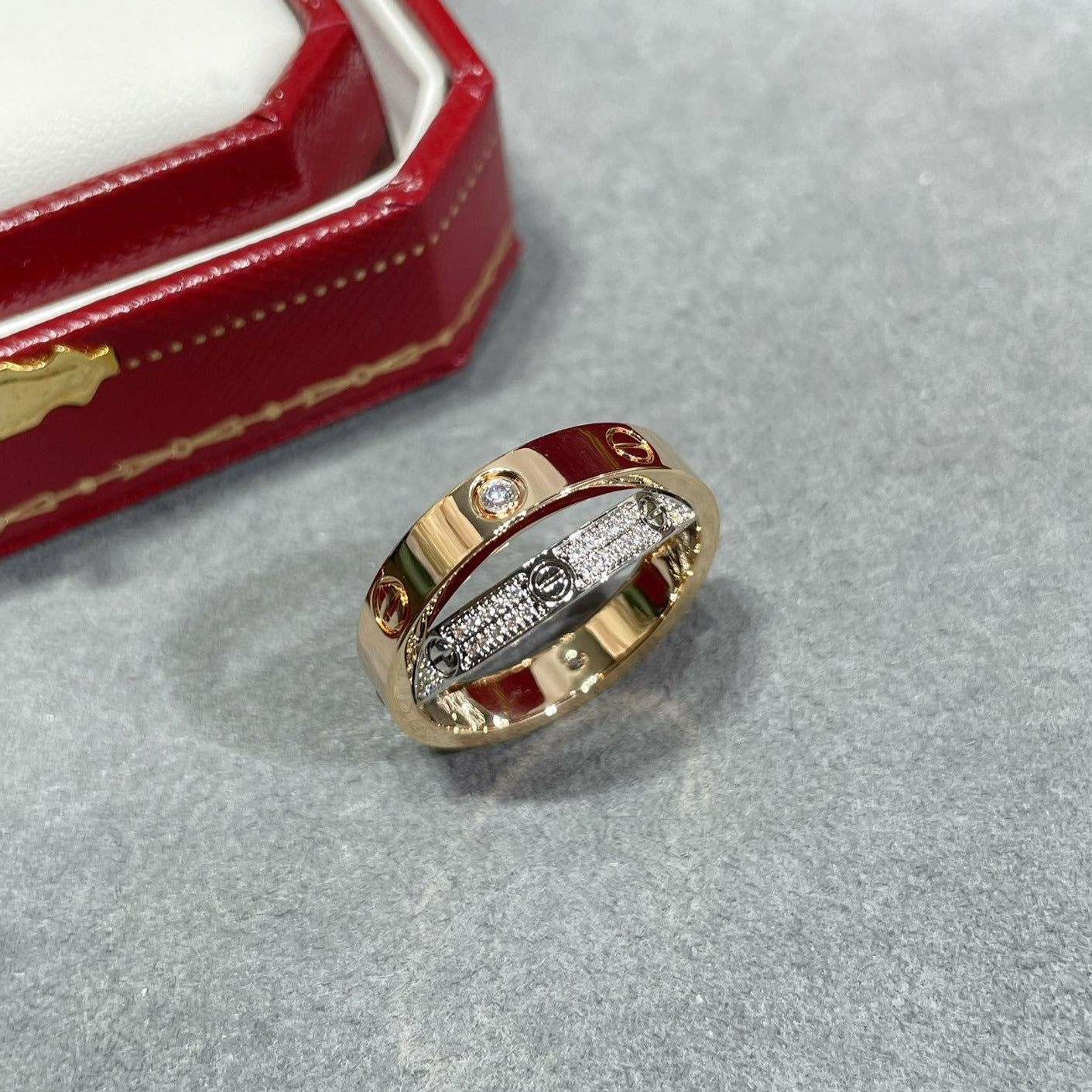 [LUXORA]LOVE PINK GOLD SILVER DIAMOND DOUBLE RING