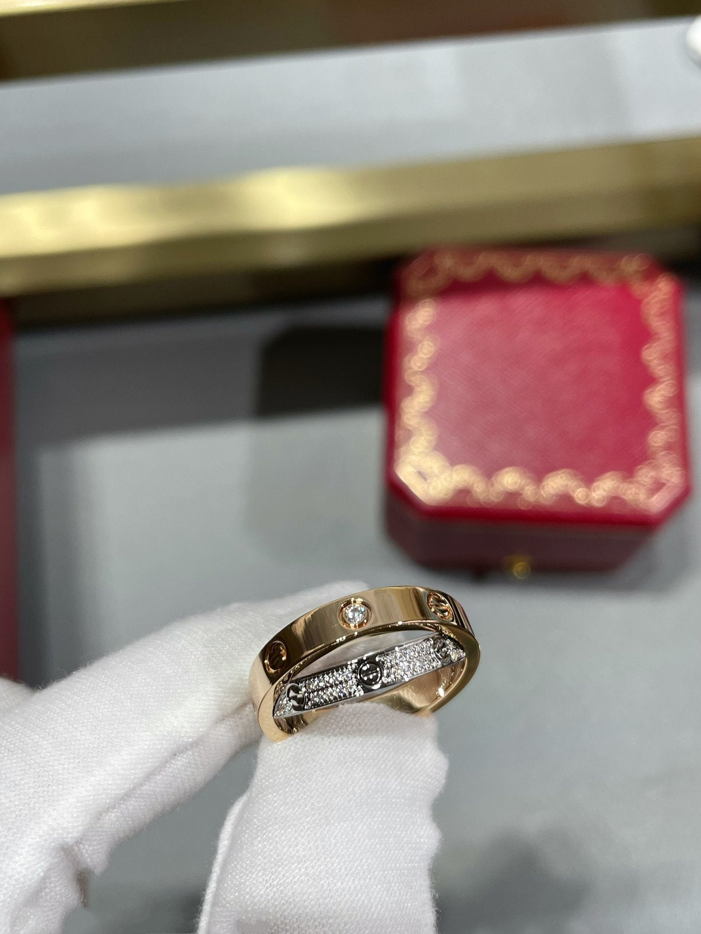 [LUXORA]LOVE PINK GOLD SILVER DIAMOND DOUBLE RING