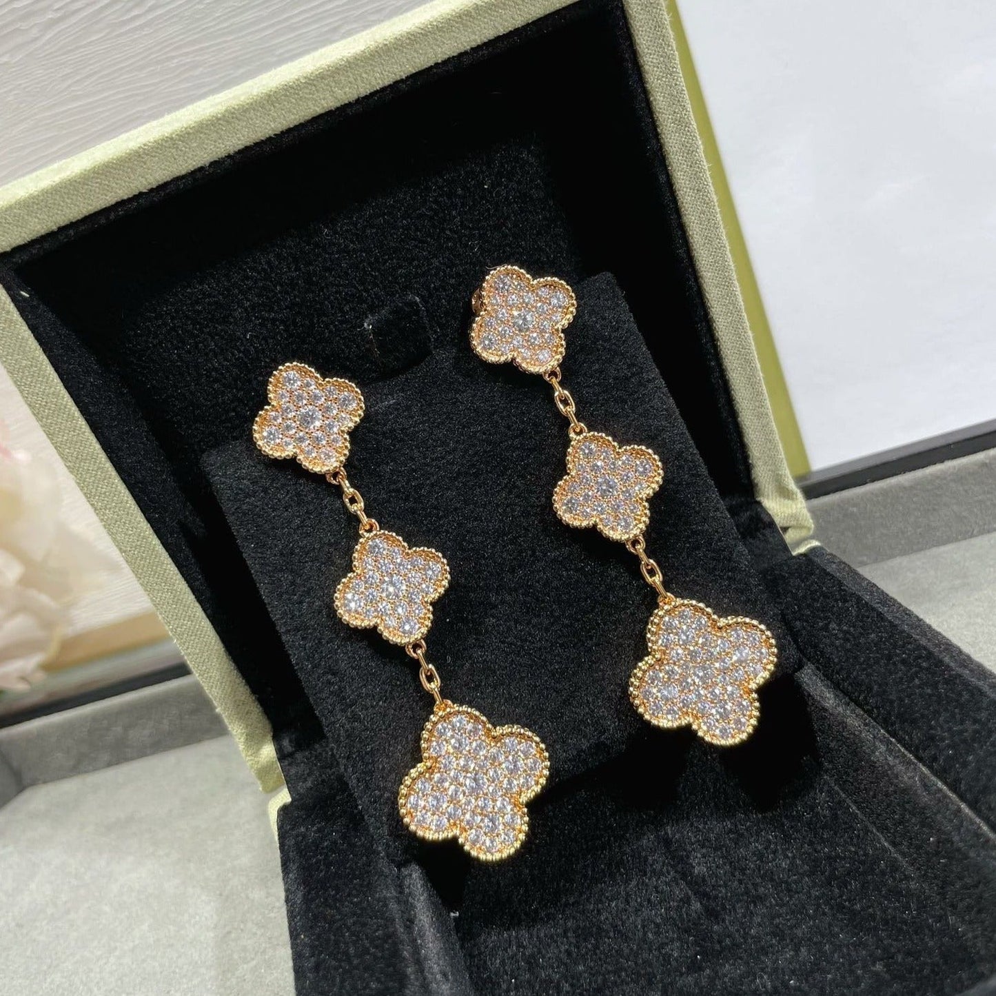 [LUXORA]CLOVER 3 MOTIFS DIAMOND PAVED ROSE GOLD EARRINGS