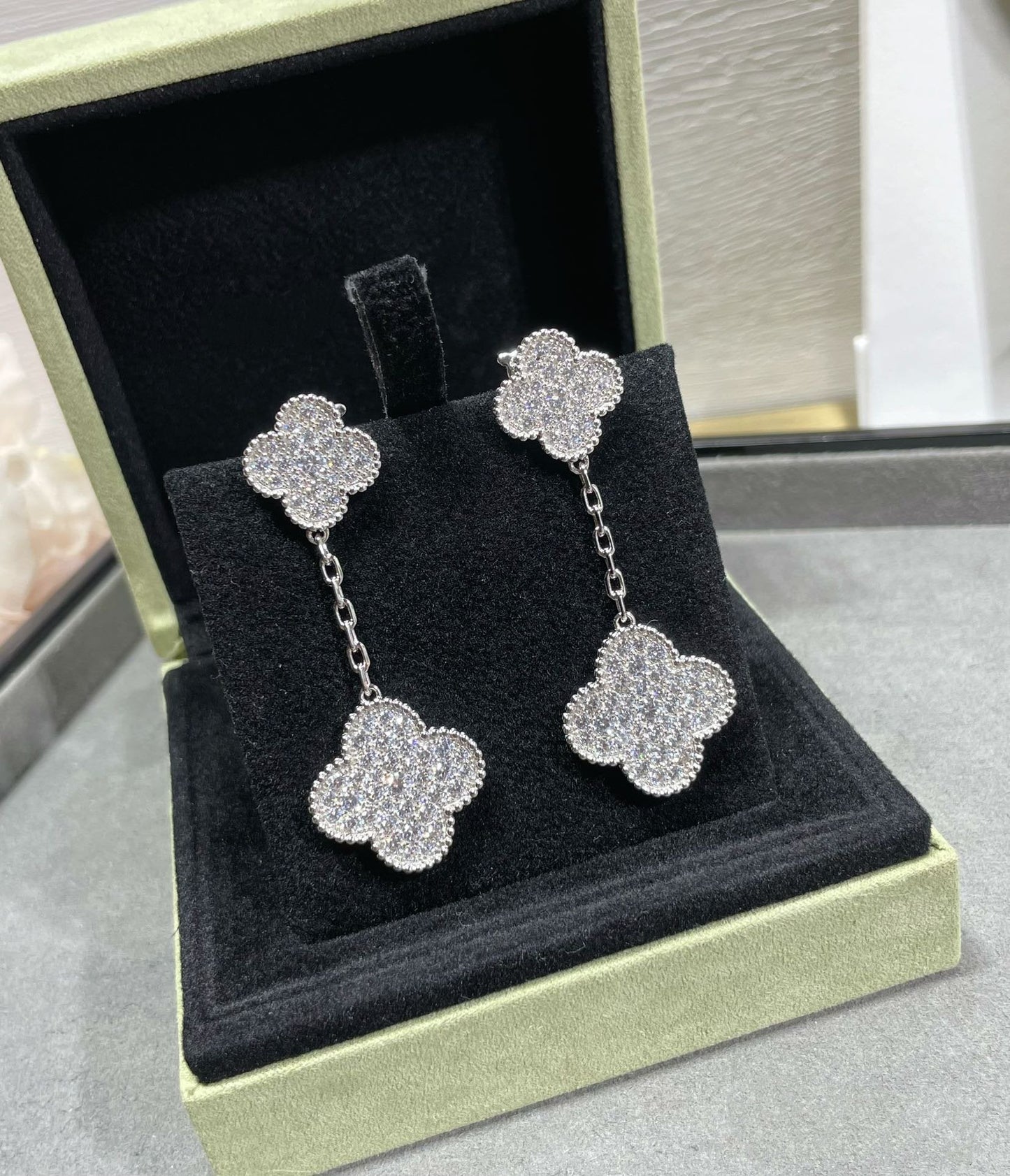 [LUXORA]CLOVER 2 MOTIFS DIAMOND PAVED SILVER EARRINGS