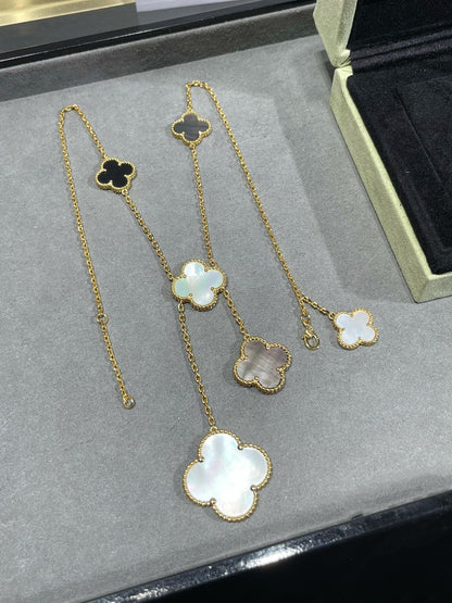 [LUXORA]CLOVER 6 MOTIF MOP ONYX GOLD NECKLACE