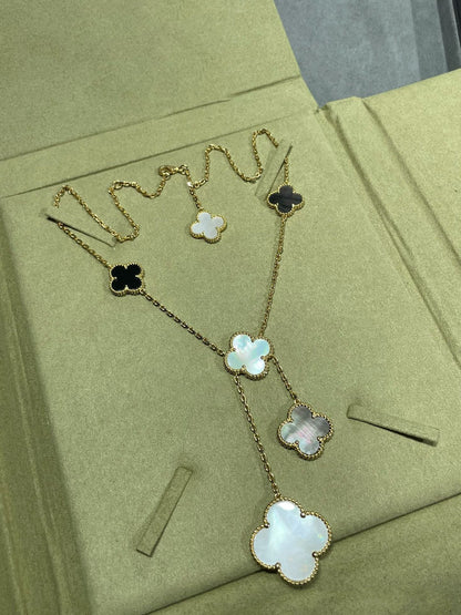 [LUXORA]CLOVER 6 MOTIF MOP ONYX GOLD NECKLACE