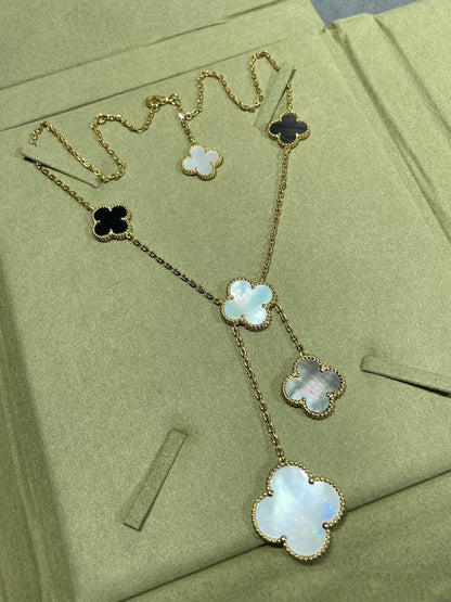 [LUXORA]CLOVER 6 MOTIF MOP ONYX GOLD NECKLACE