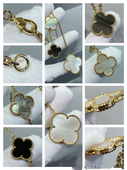 [LUXORA]CLOVER 6 MOTIF MOP ONYX GOLD NECKLACE