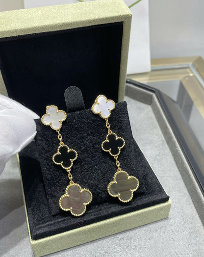 [LUXORA]CLOVER 3 MOTIF MOP ONYX DARK MOP PINK GOLD EARRINGS