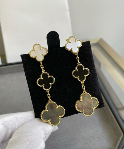 [LUXORA]CLOVER 3 MOTIF MOP ONYX DARK MOP PINK GOLD EARRINGS