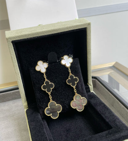 [LUXORA]CLOVER 3 MOTIF MOP ONYX DARK MOP PINK GOLD EARRINGS