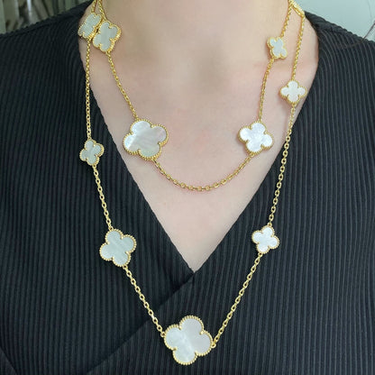 [LUXORA]CLOVER 16 MOTIF WHITE MOP GOLD NECKLACE