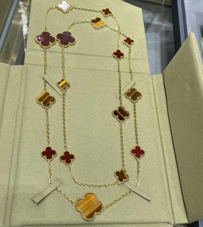 [LUXORA]CLOVER 16 MOTIF CARNELIAN TIGER EYE ROSE GOLD NECKLACE