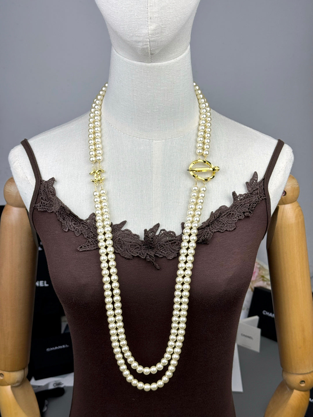 [LUXORA]25K Pencil Double C Double-Layer Pearl Sweater Chain