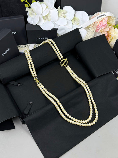 [LUXORA]25K Pencil Double C Double-Layer Pearl Sweater Chain