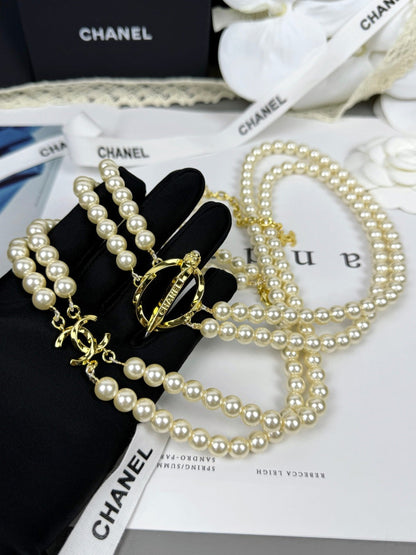 [LUXORA]25K Pencil Double C Double-Layer Pearl Sweater Chain