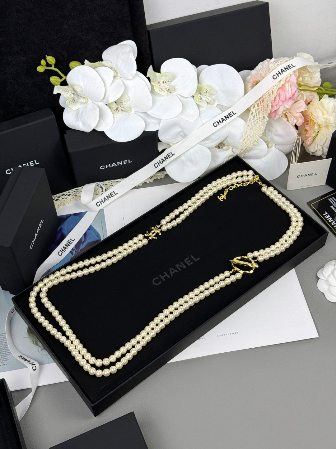 [LUXORA]25K Pencil Double C Double-Layer Pearl Sweater Chain
