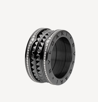 [LUXORA]ZERO 1 ROCK FOUR-BAND BLACK CERAMIC WITH STUDDED SPIRAL AND PAVED DIAMONDS RING