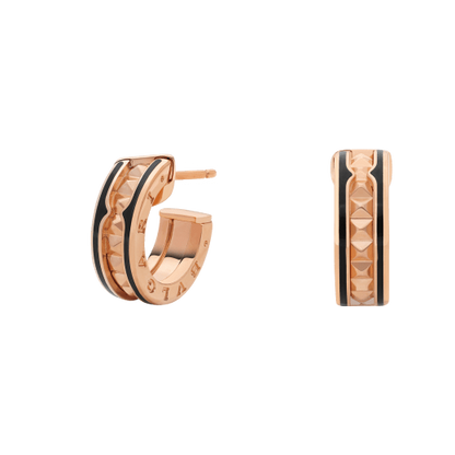 [LUXORA]ZERO 1 ROCK PINK GOLD EARRINGS WITH STUDDED SPIRAL AND BLACK CERAMIC