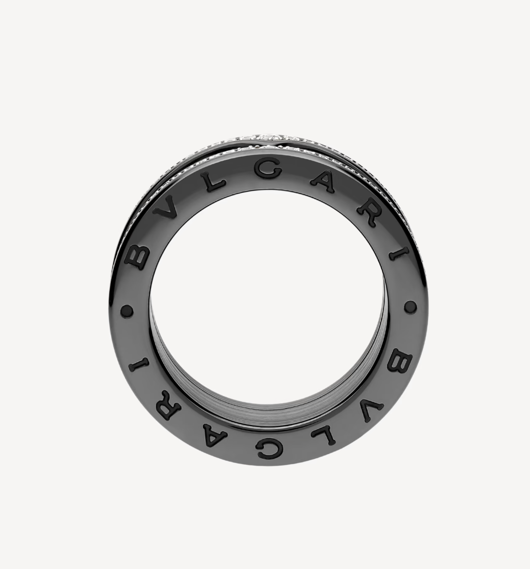 [LUXORA]ZERO 1 ROCK FOUR-BAND BLACK CERAMIC WITH STUDDED SPIRAL AND PAVED DIAMONDS RING