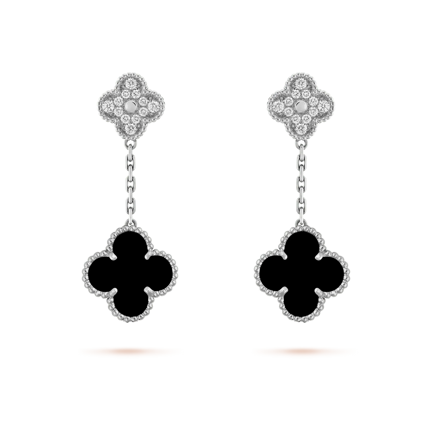 [LUXORA]CLOVER 2 MOTIFS  DIAMOND ONYX EARRINGS SILVER