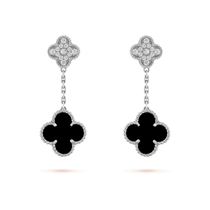 [LUXORA]CLOVER 2 MOTIFS  DIAMOND ONYX EARRINGS SILVER