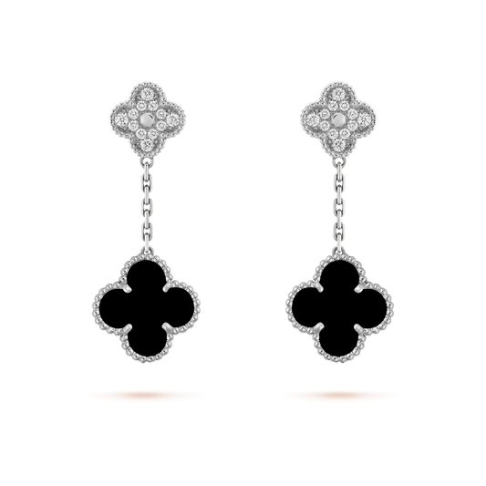 [LUXORA]CLOVER 2 MOTIFS  DIAMOND ONYX EARRINGS SILVER