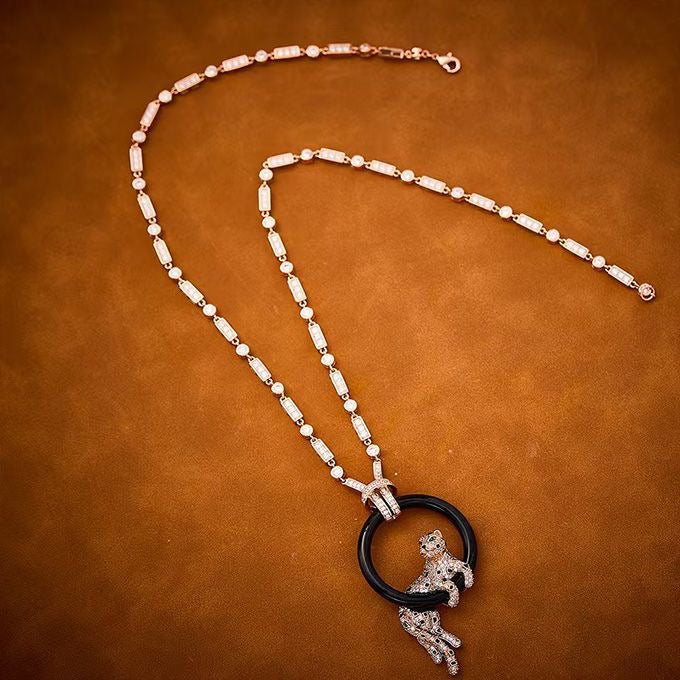 [LUXORA jewelrys]NEW BLACK CIRCLE PANTHER FULL DIAMOND NECKLACE