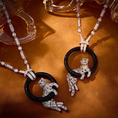 [LUXORA jewelrys]NEW BLACK CIRCLE PANTHER FULL DIAMOND NECKLACE