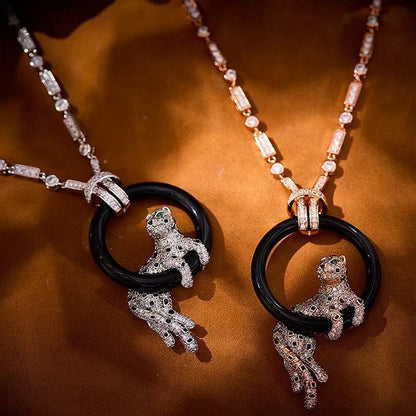 [LUXORA jewelrys]NEW BLACK CIRCLE PANTHER FULL DIAMOND NECKLACE
