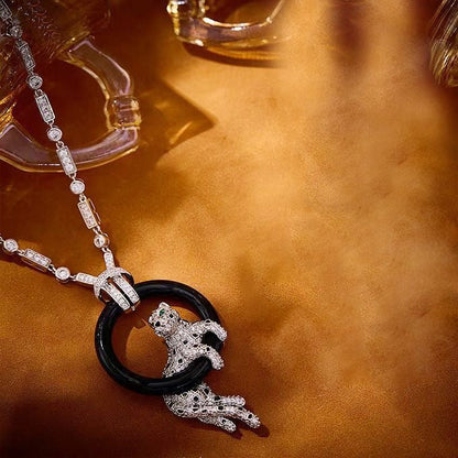[LUXORA jewelrys]NEW BLACK CIRCLE PANTHER FULL DIAMOND NECKLACE