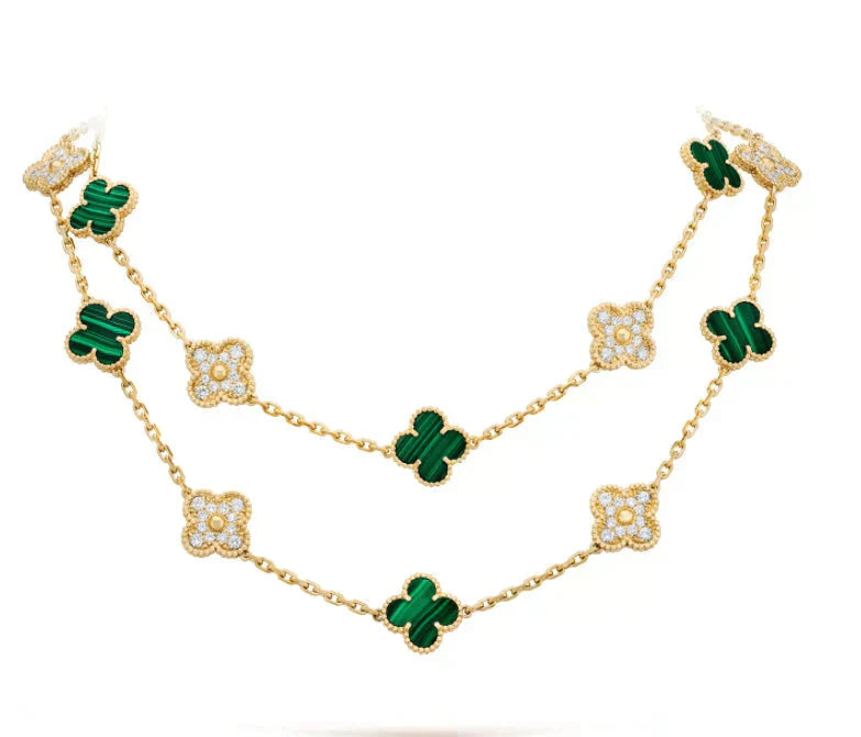 [LUXORA]CLOVER 20 MOTIFS MALACHITE DIAMOND NECKLACE