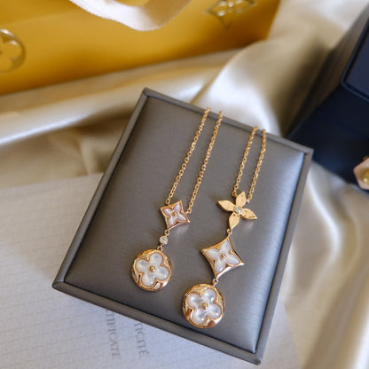 [LUXORA]COLOR BLOSSOM LARIAT NECKLACE PINK GOLD WHITE MOTHER PEARL AND DIAMOND