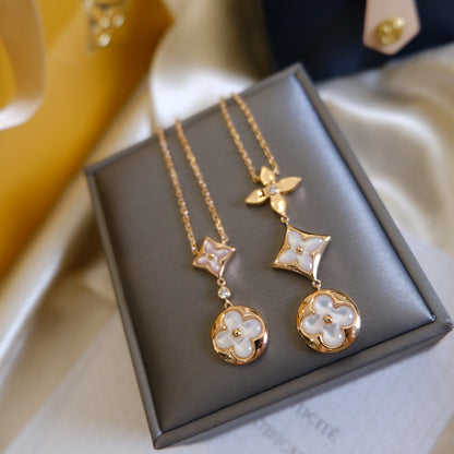 [LUXORA]COLOR BLOSSOM LARIAT NECKLACE PINK GOLD WHITE MOTHER PEARL AND DIAMOND
