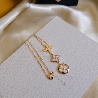 [LUXORA]COLOR BLOSSOM LARIAT NECKLACE PINK GOLD WHITE MOTHER PEARL AND DIAMOND